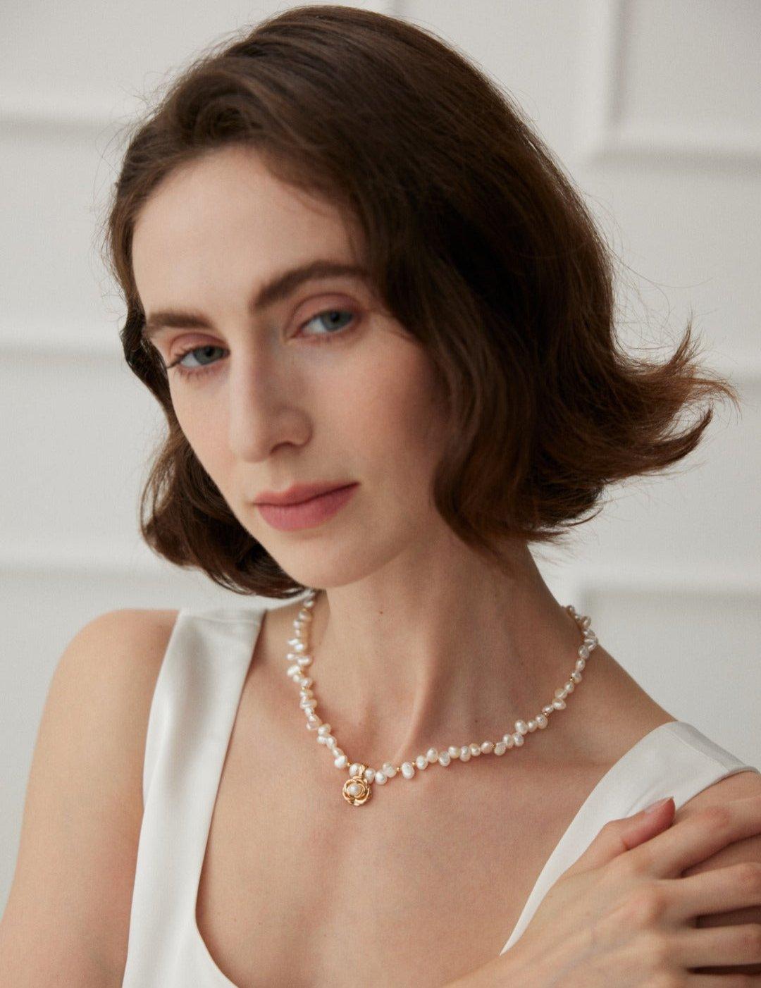 Camellia Pendant Natural Pearl Beaded Necklace - Gembea Jewelry