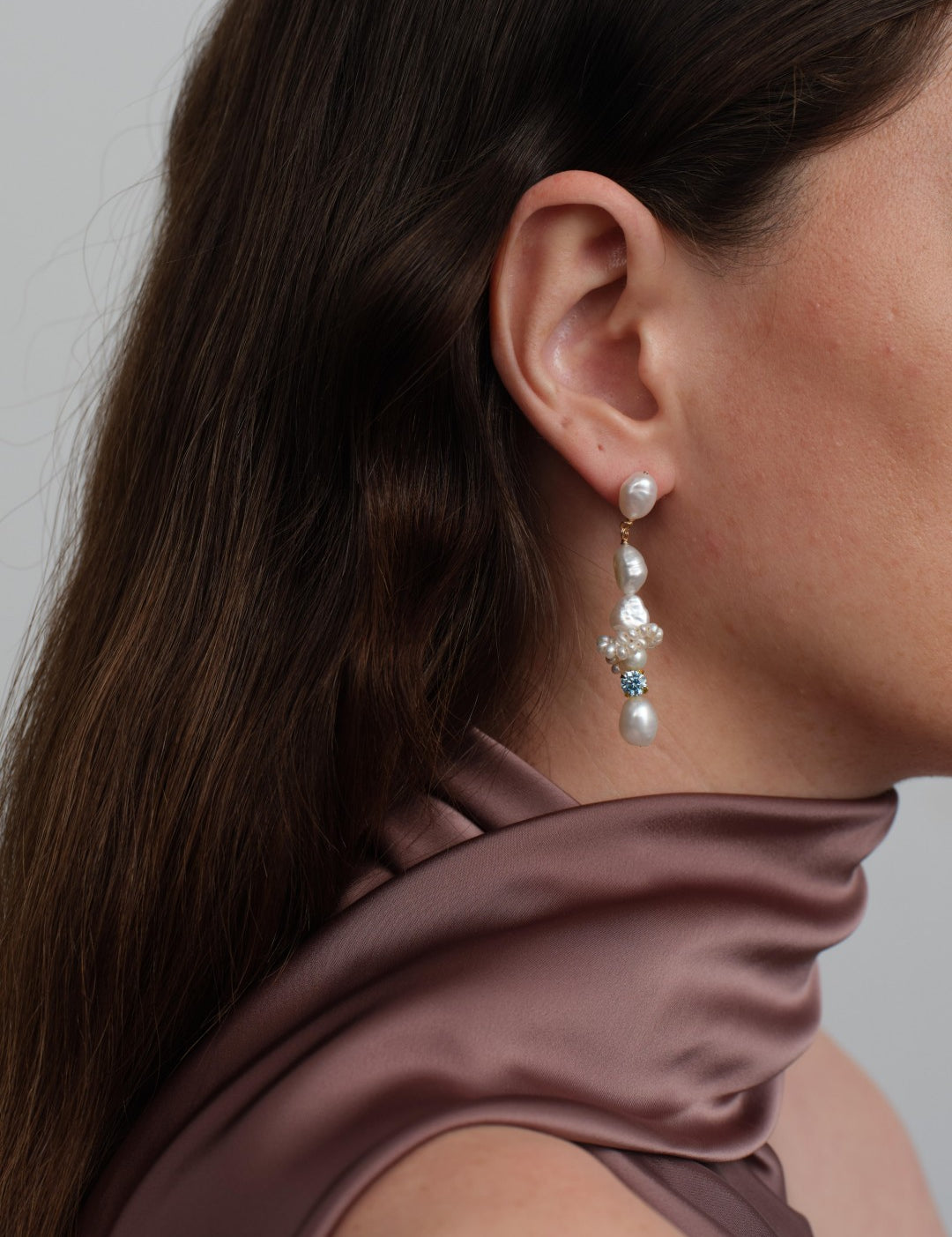 Capri Irregular Blue Zircon Pearl Long Earrings GEMBEA JEWELRY