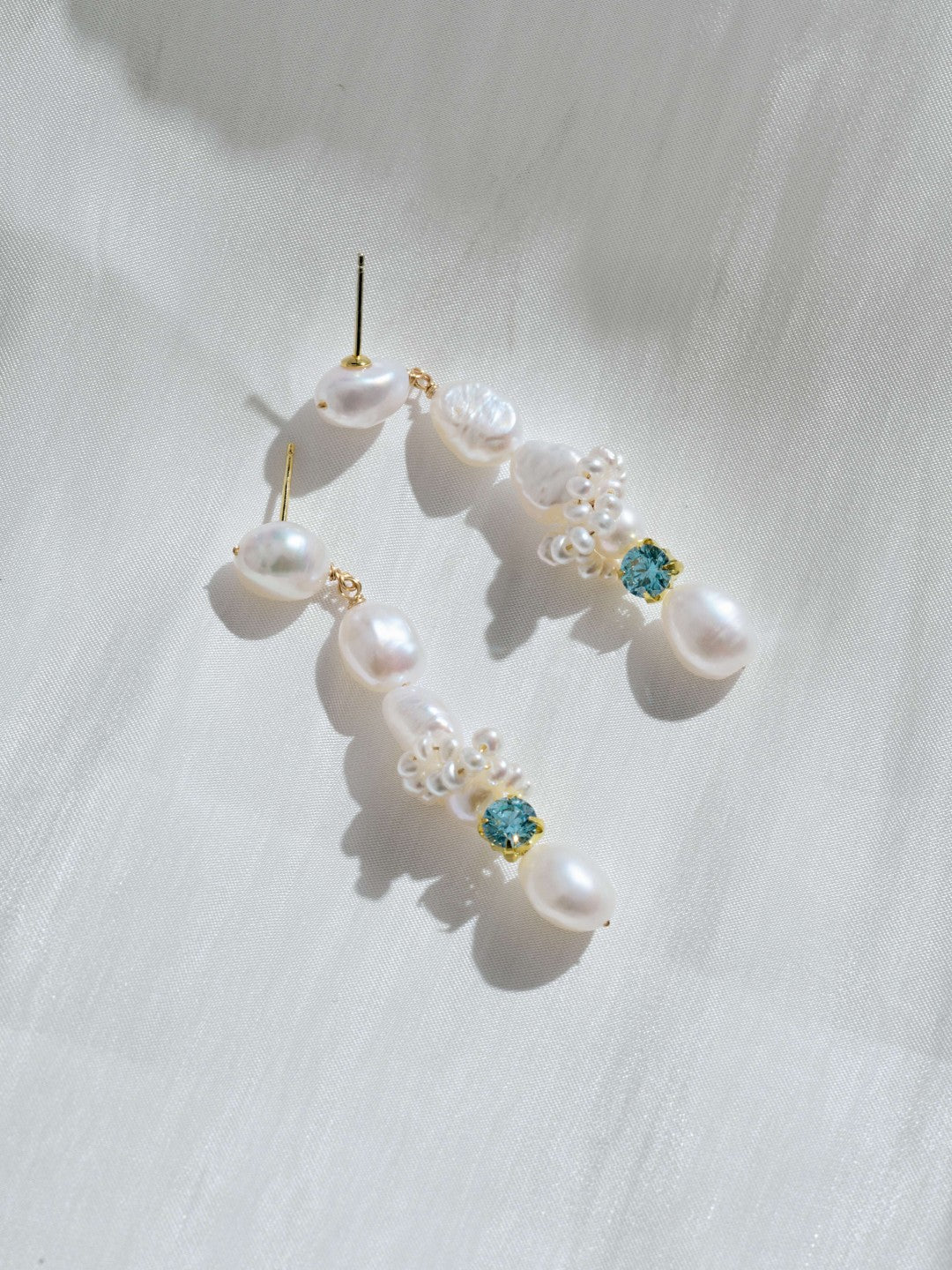 Capri Irregular Blue Zircon Pearl Long Earrings GEMBEA JEWELRY