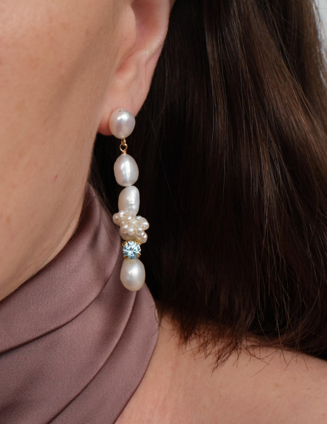 Capri Irregular Blue Zircon Pearl Long Earrings GEMBEA JEWELRY