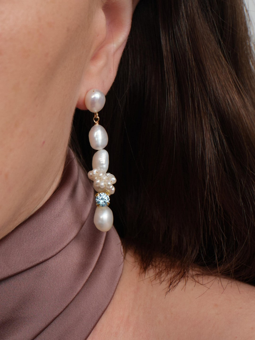 Capri Irregular Blue Zircon Pearl Long Earrings GEMBEA JEWELRY