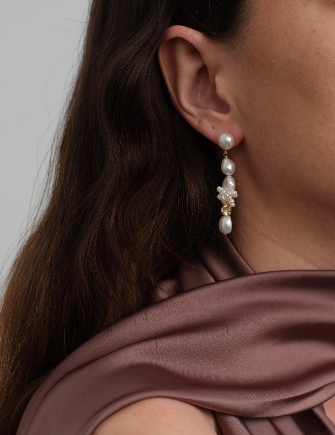 Capri Irregular Champagne Zircon Pearl Long Earrings gembea jewelry