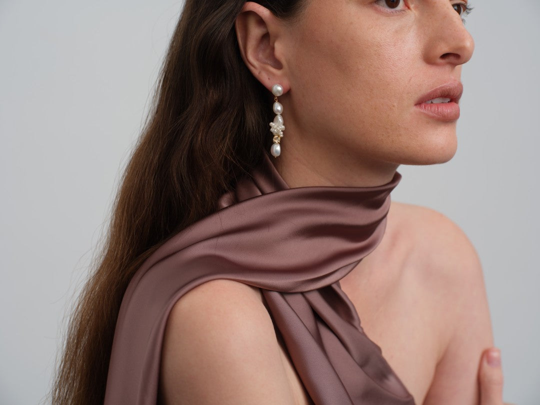 Capri Irregular Champagne Zircon Pearl Long Earrings gembea jewelry