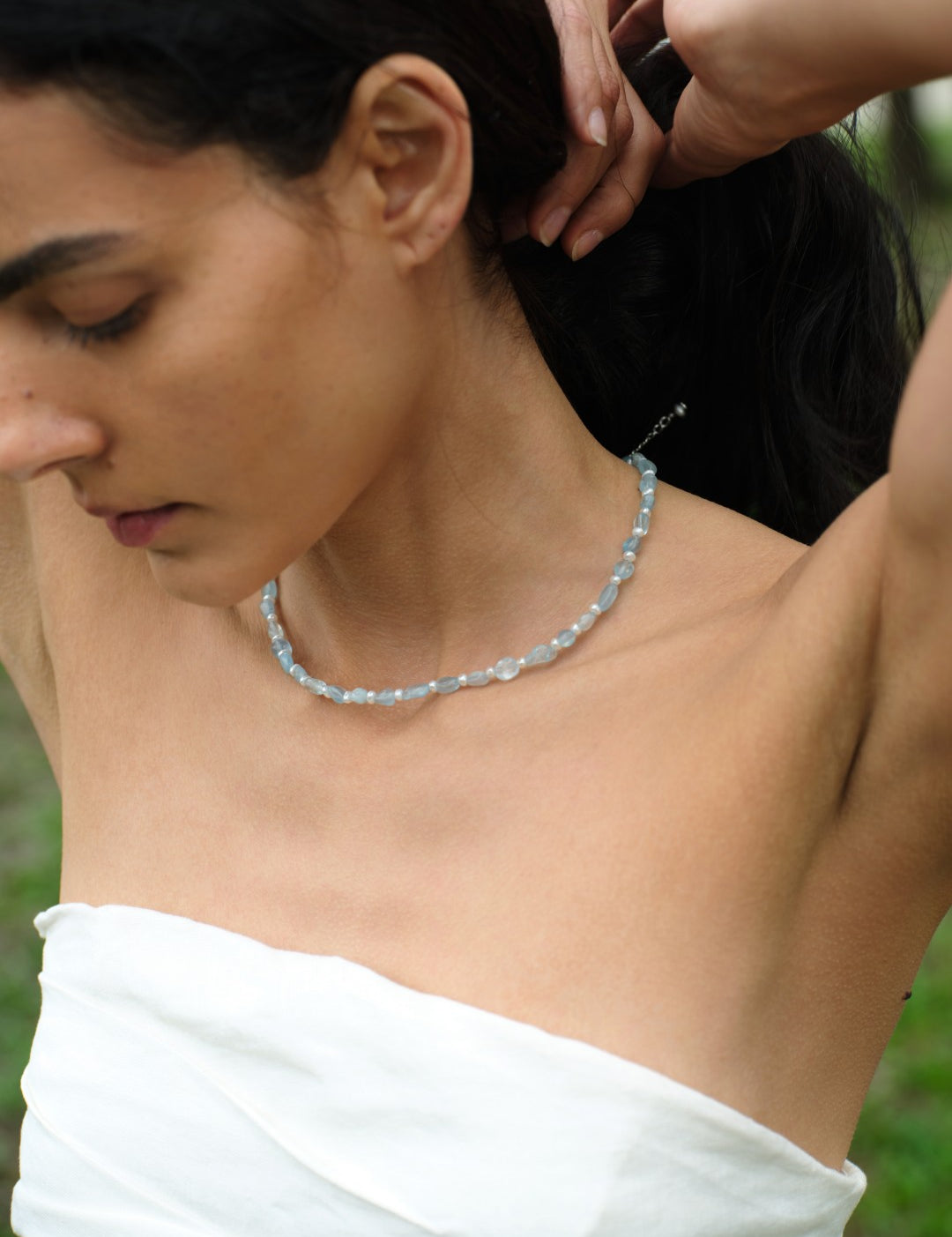 Cerulean Drift Irregular Aquamarine Pearl Necklace gembea jewelry