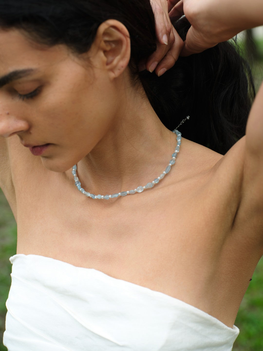 Cerulean Drift Irregular Aquamarine Pearl Necklace gembea jewelry