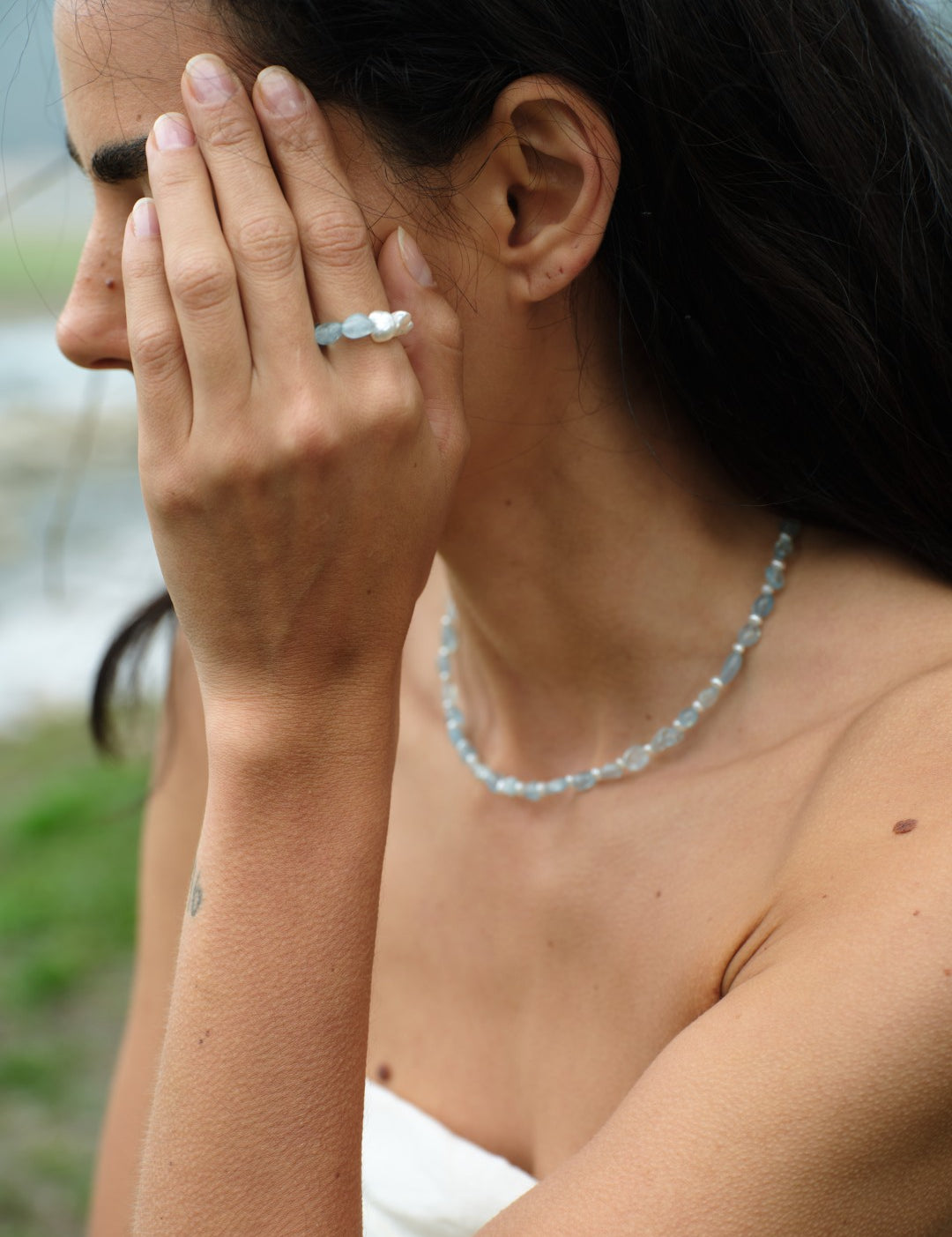 Cerulean Drift Irregular Aquamarine Pearl Ring gembea jewelry