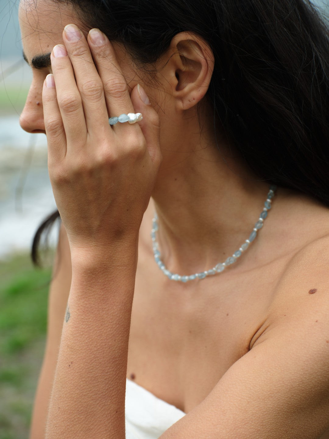 Cerulean Drift Irregular Aquamarine Pearl Ring gembea jewelry