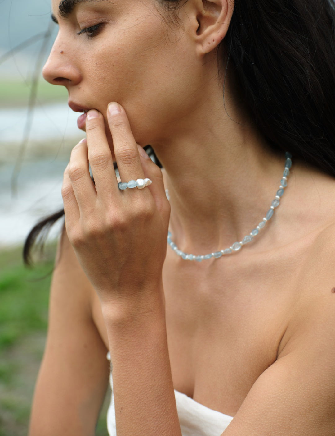 Cerulean Drift Irregular Aquamarine Pearl Ring gembea jewelry