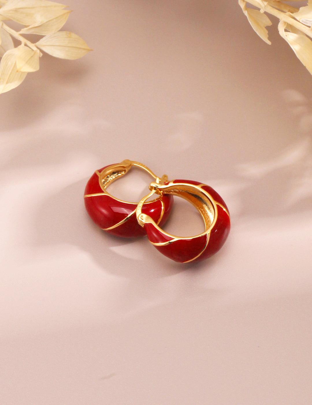 Chinese Red Drop Glaze Enamel Hoops Earrings - Gembea Jewelry