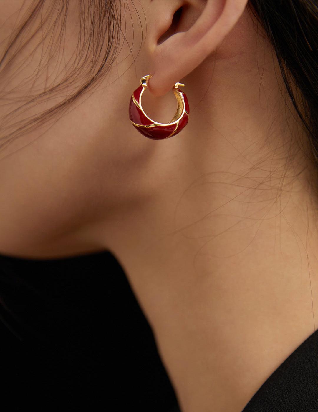 Chinese Red Drop Glaze Enamel Hoops Earrings - Gembea Jewelry
