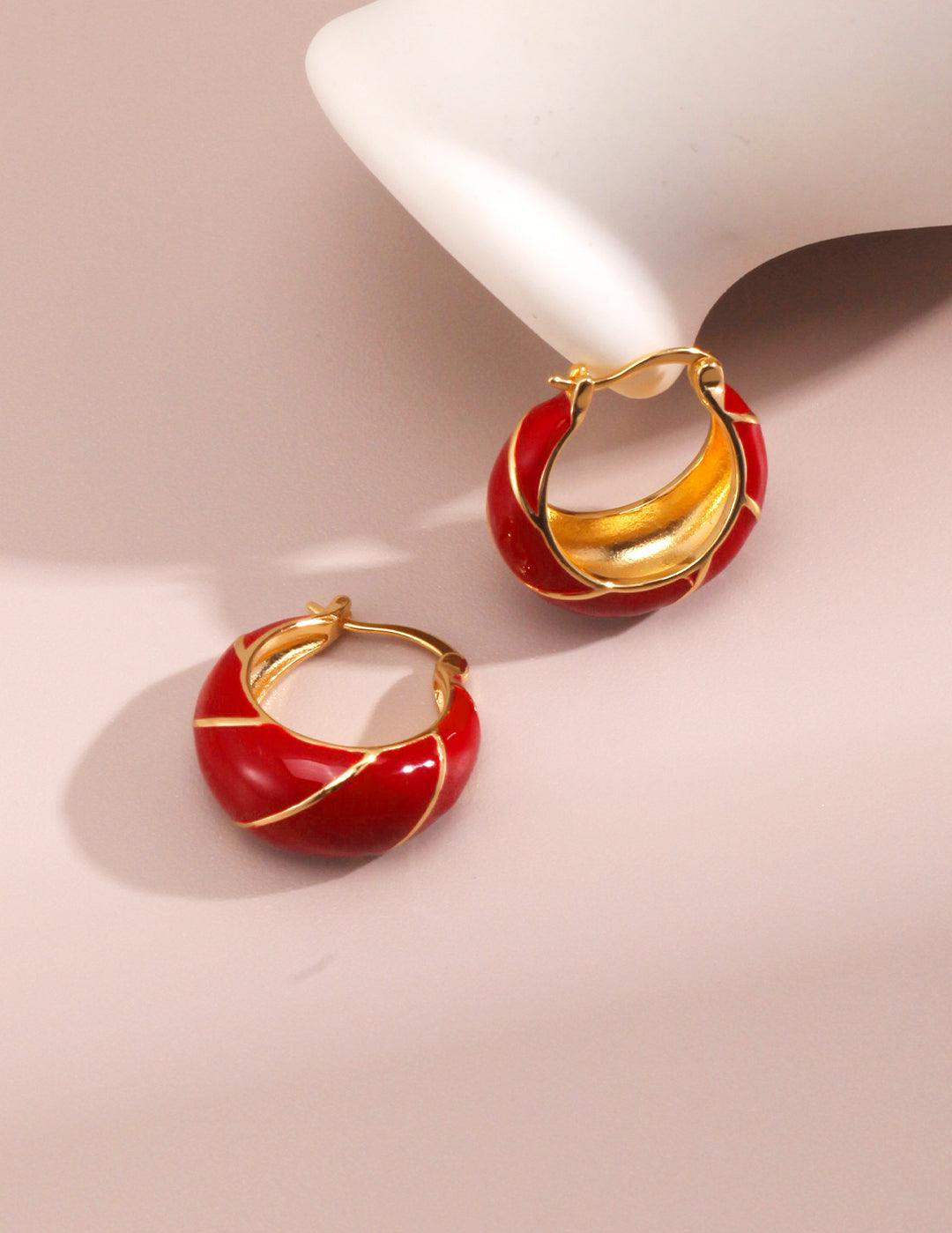 Chinese Red Drop Glaze Enamel Hoops Earrings - Gembea Jewelry