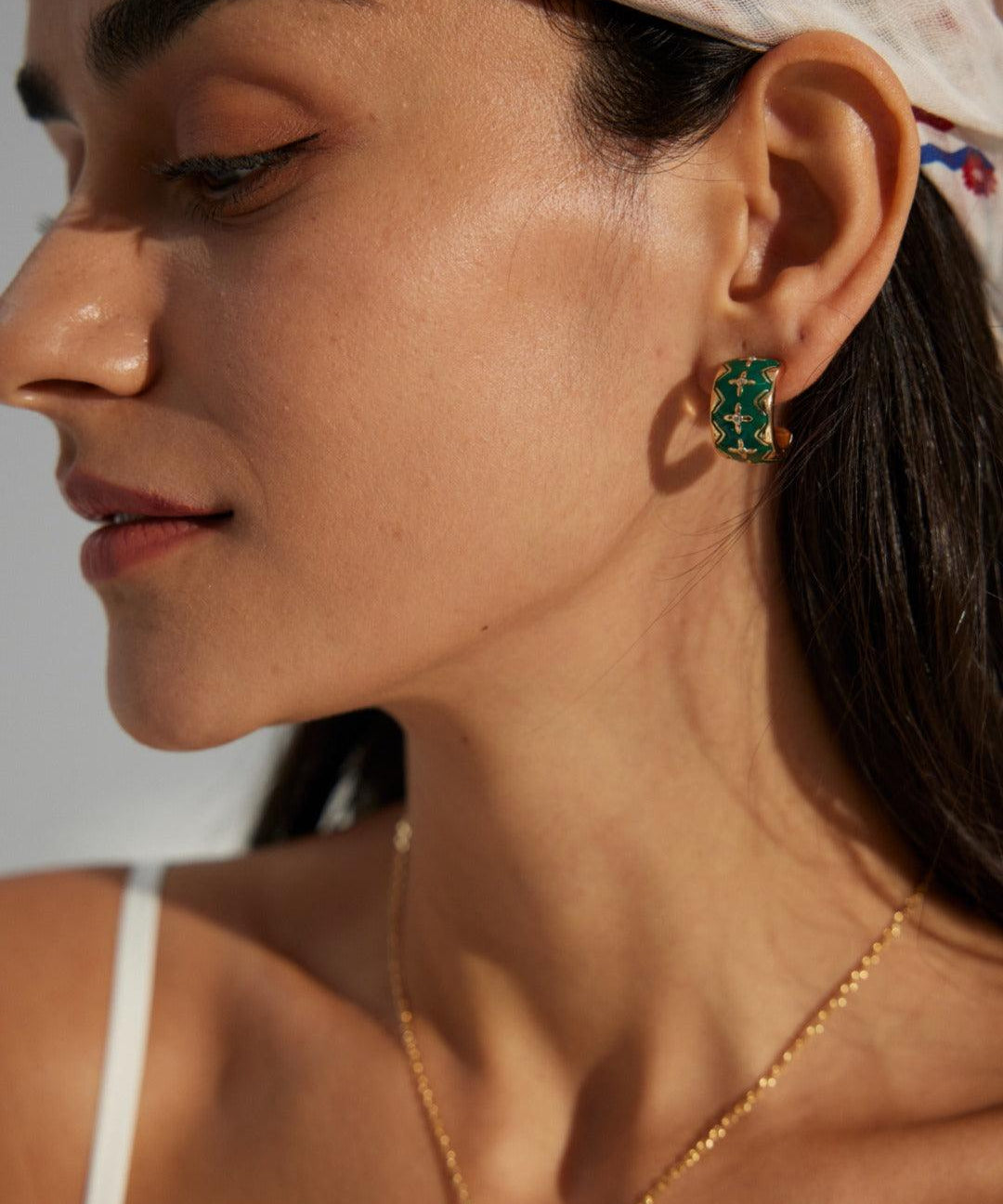 Christmas Green Drop Glaze Enamel Hoops Earrings - Gembea Jewelry