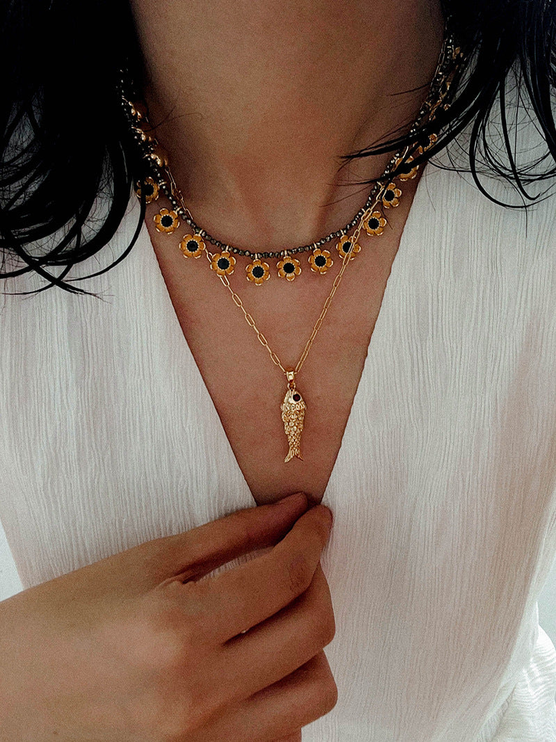 Colored Enamel Flower Pendant Choker Necklace gembea jewelry