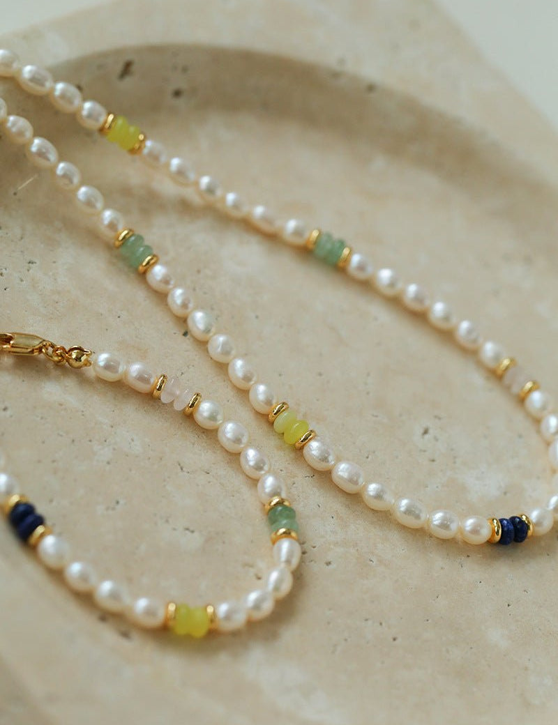 Colored Gemstone Rice Pearl Beaded Bracelet gembea jewelry