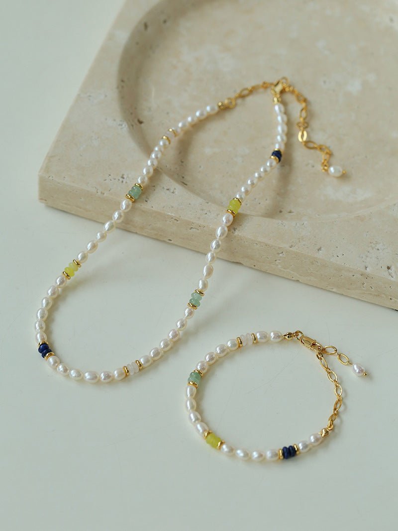 Colored Gemstone Rice Pearl Beaded Bracelet gembea jewelry