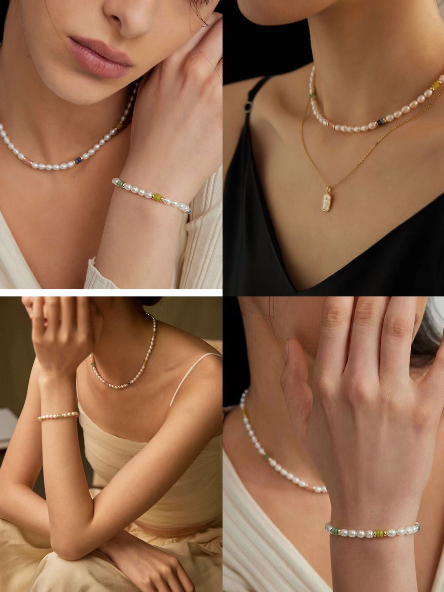 Colored Gemstone Rice Pearl Beaded Bracelet gembea jewelry