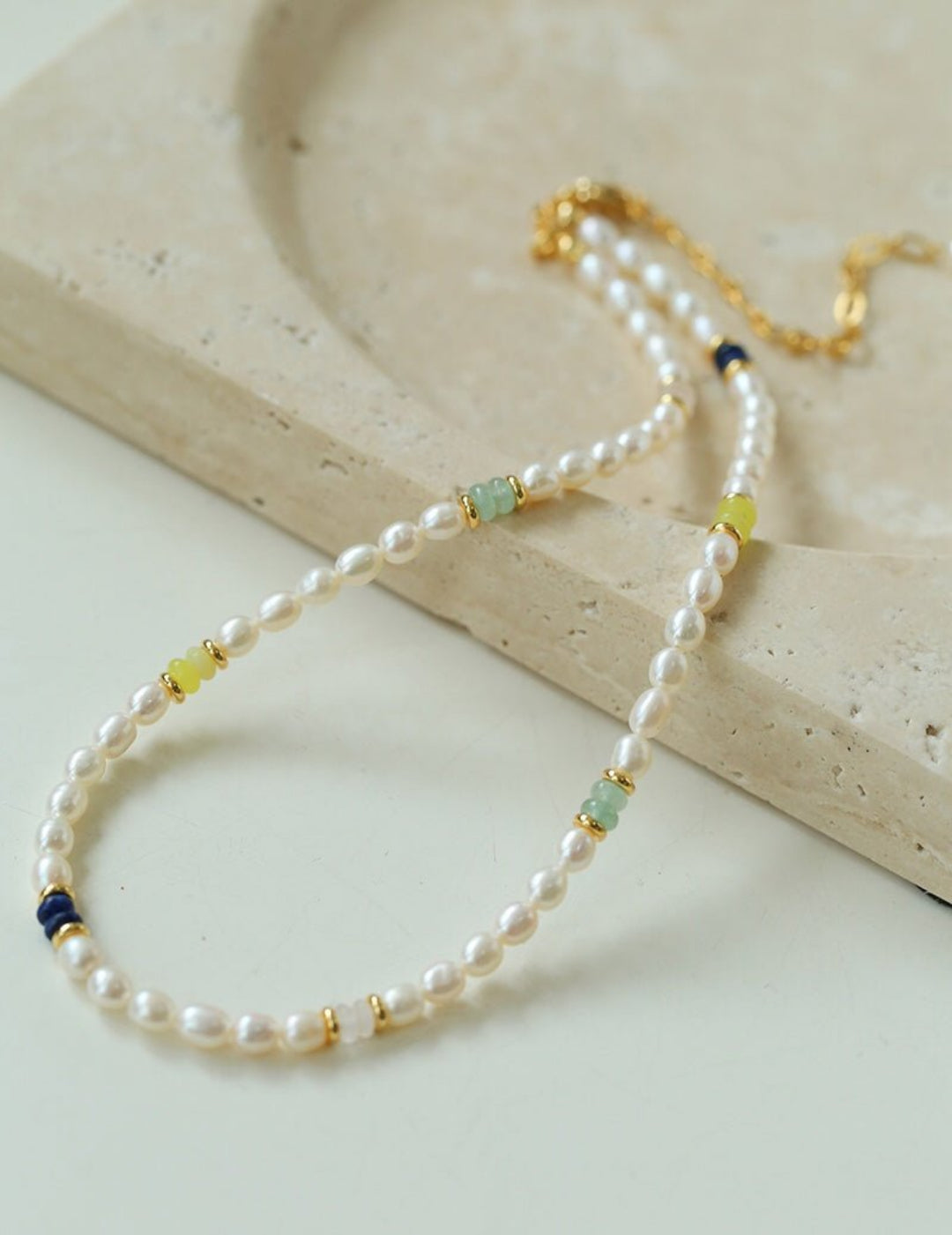Colored Gemstone Rice Pearl Beaded Necklace gembea jewelry