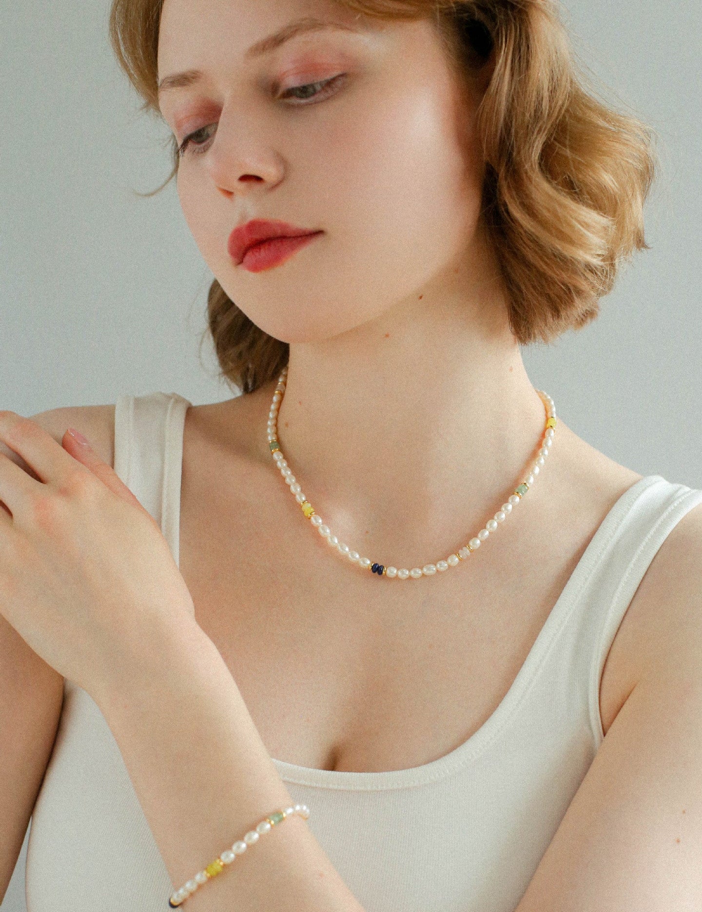 Colored Gemstone Rice Pearl Beaded Necklace