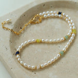 Colored Gemstone Rice Pearl Beaded Necklace