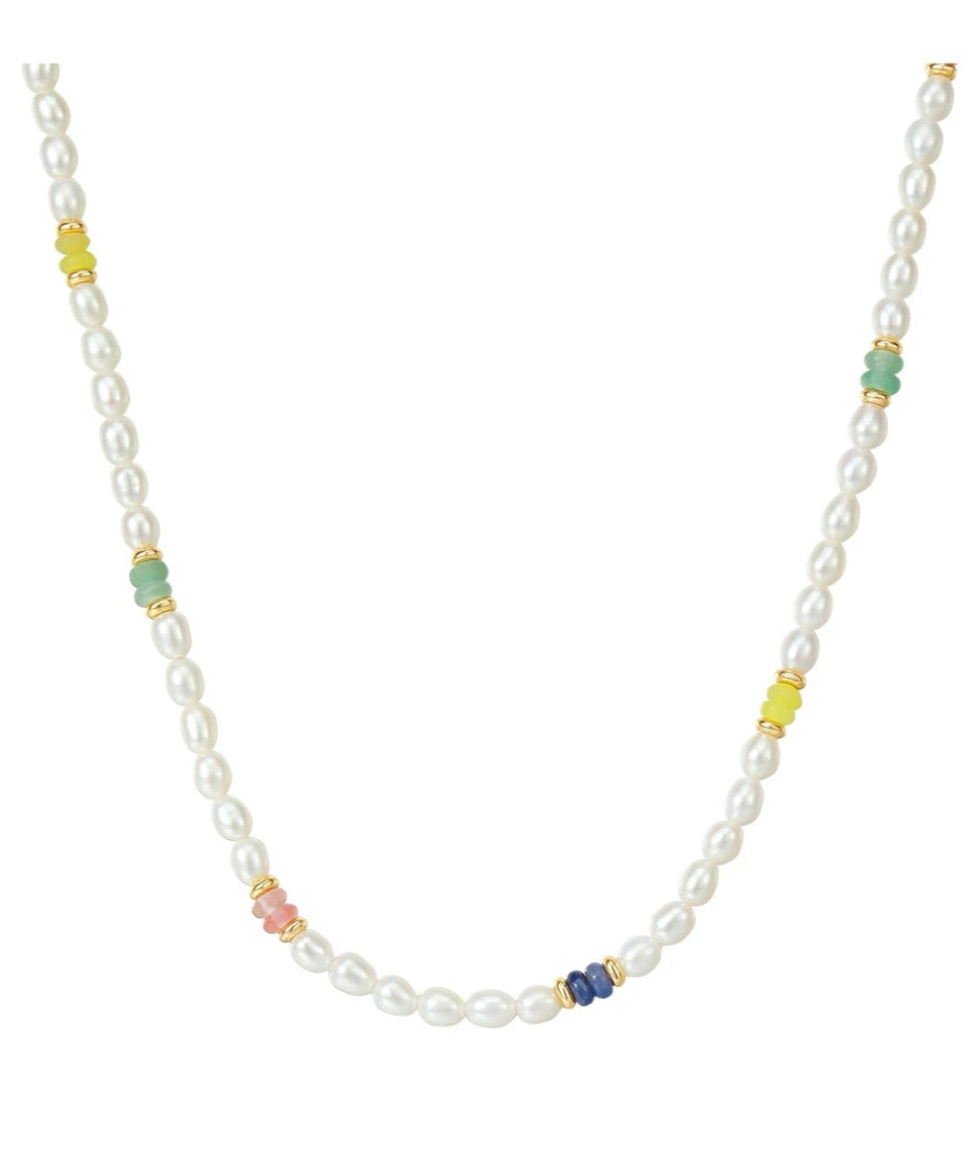 Colored Gemstone Rice Pearl Beaded Necklace gembea jewelry