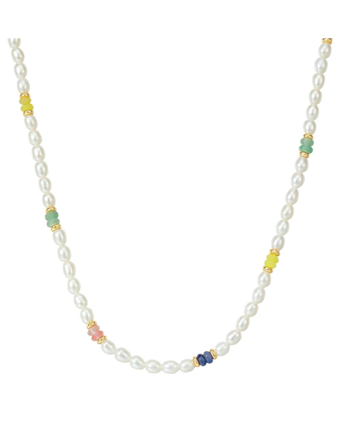 Colored Gemstone Rice Pearl Beaded Necklace gembea jewelry