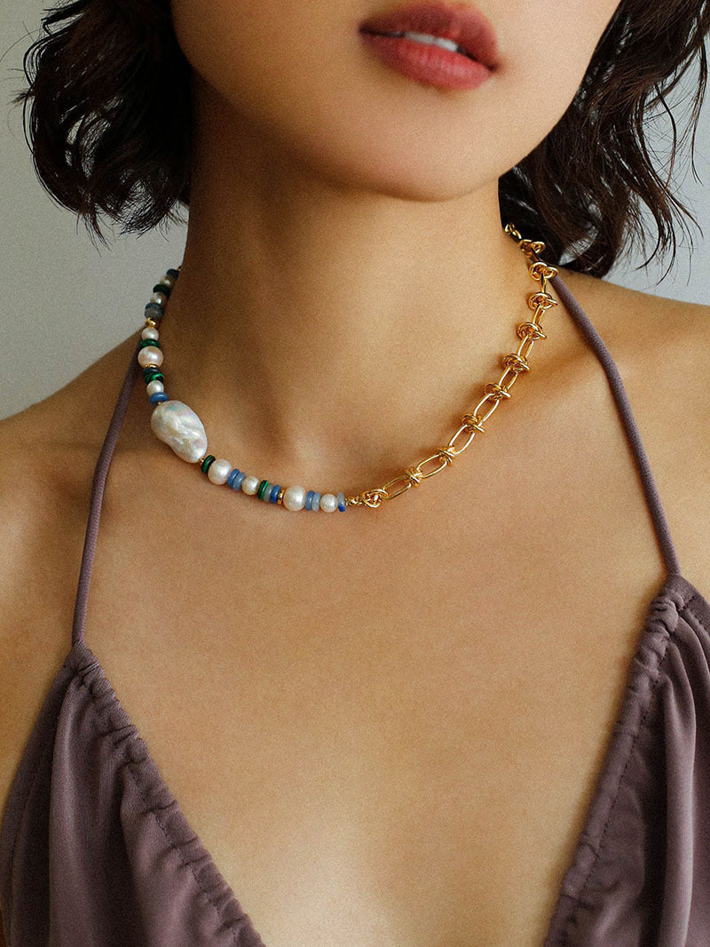 Colorful Beads Baroque Pearls Twisted Chain Necklace gembea jewelry