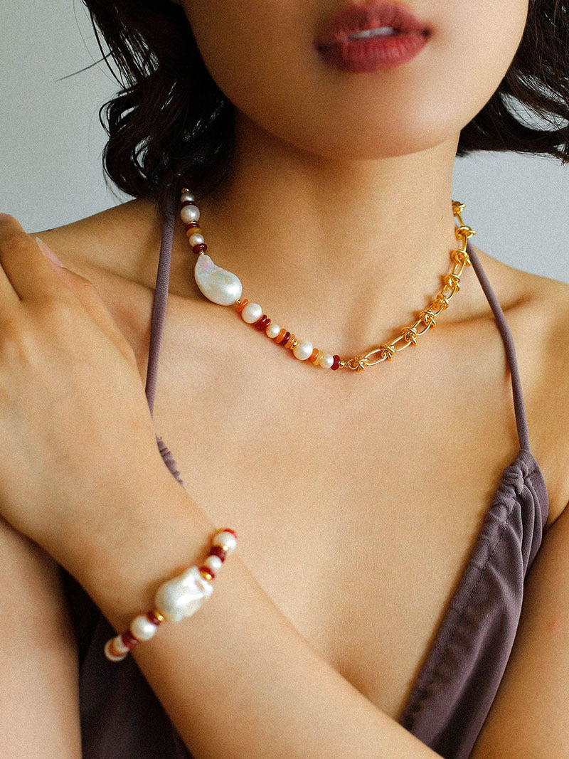 Colorful Beads Baroque Pearls Twisted Chain Necklace gembea jewelry