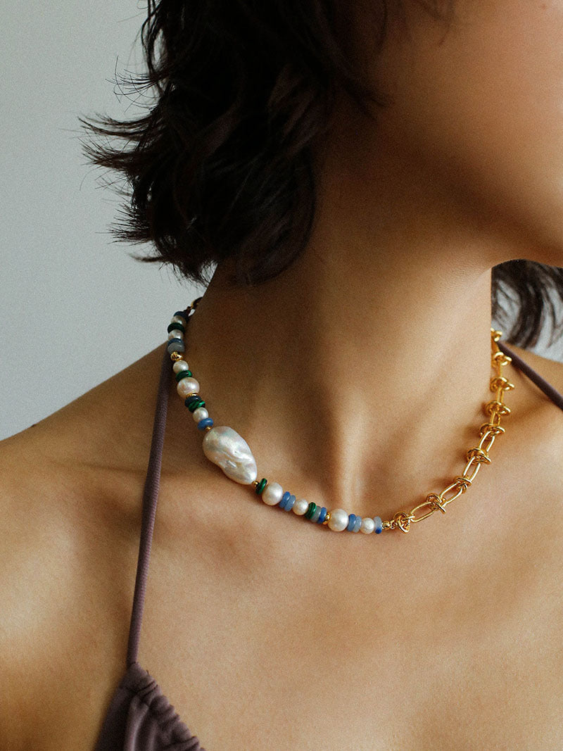 Colorful Beads Baroque Pearls Twisted Chain Necklace gembea jewelry