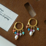 Colorful Stone Pearl Tassel Hoop Earrings gembea jewelry