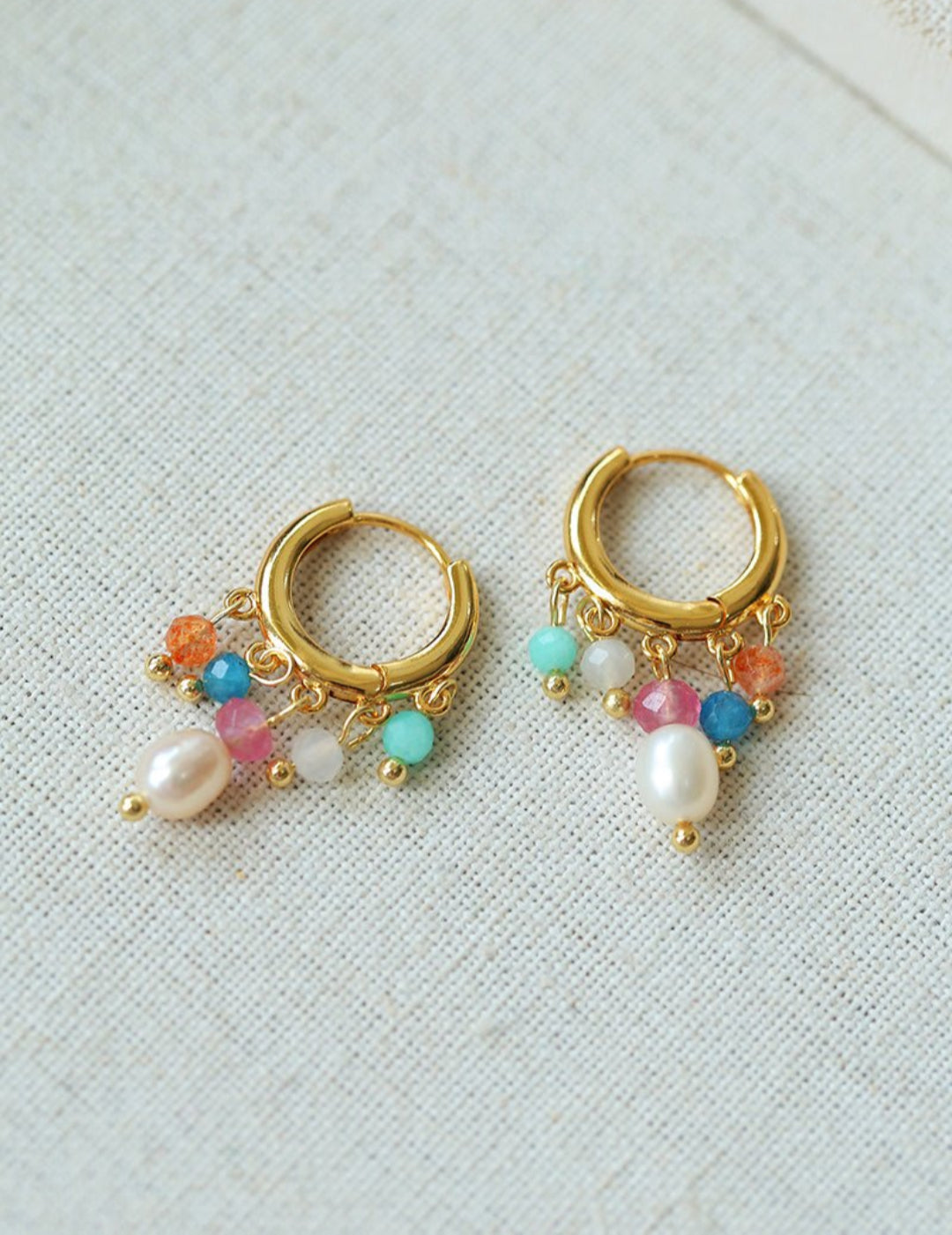 Colorful Stone Pearl Tassel Hoop Earrings gembea jewelry