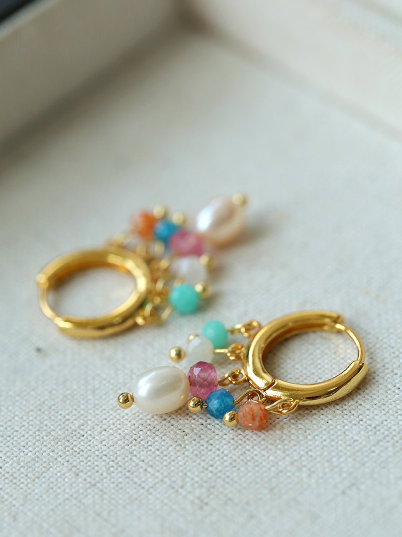 Colorful Stone Pearl Tassel Hoop Earrings gembea jewelry