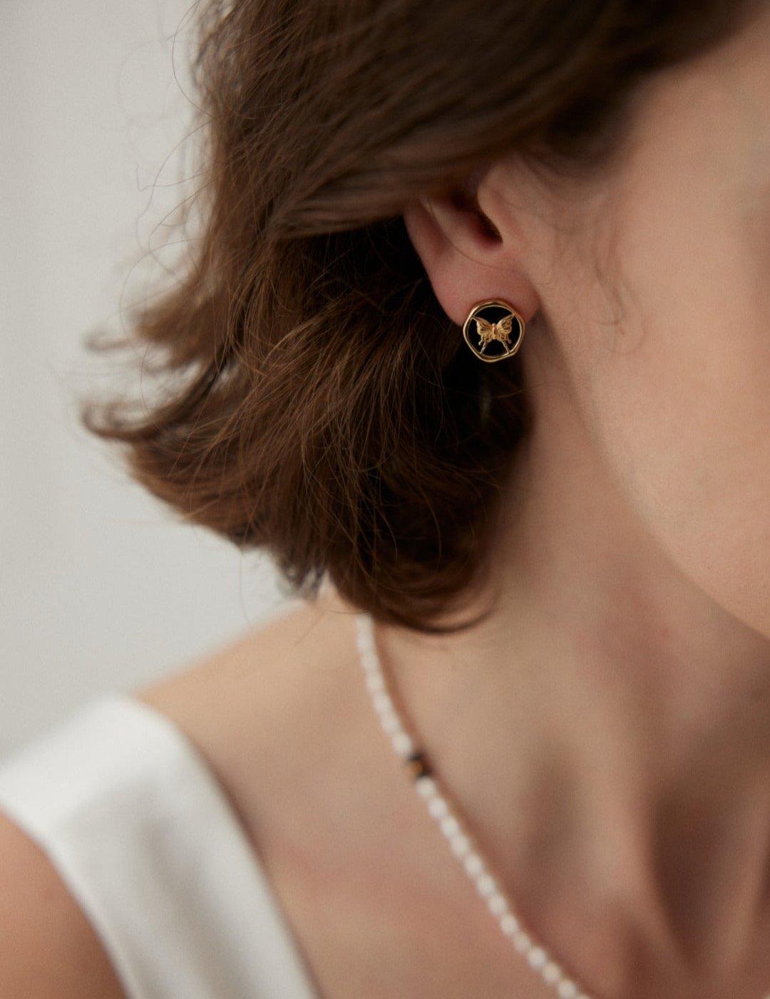 Commuter Black Agate Butterfly Stud Earrings - Gembea Jewelry