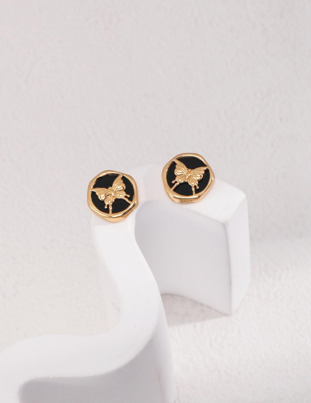 Commuter Black Agate Butterfly Stud Earrings - Gembea Jewelry