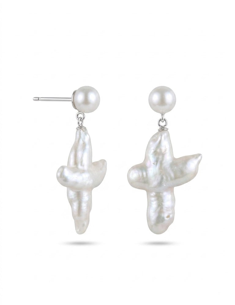 Cross-Shape Baroque Pearl Pendant Drop Earrings gembea jewelry