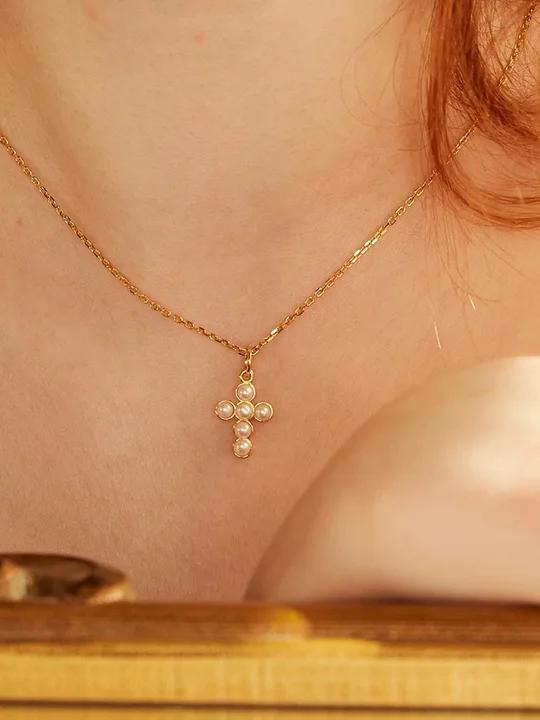 Cross Freshwater Pearl Pendant Chain Necklace gembea jewelry