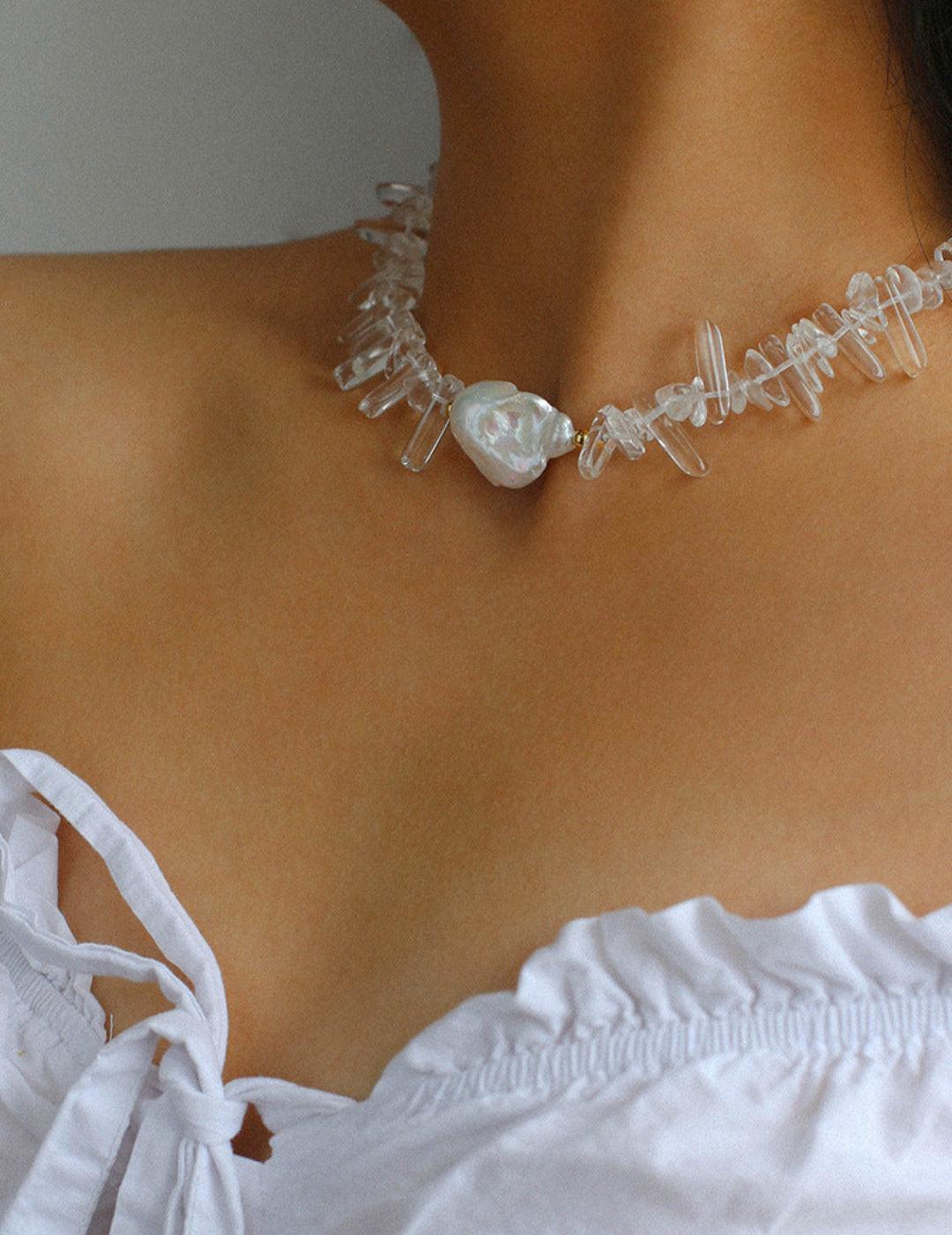 Sea's Embrace Series Crystal Baroque Pearl Necklace - Gembea Jewelry