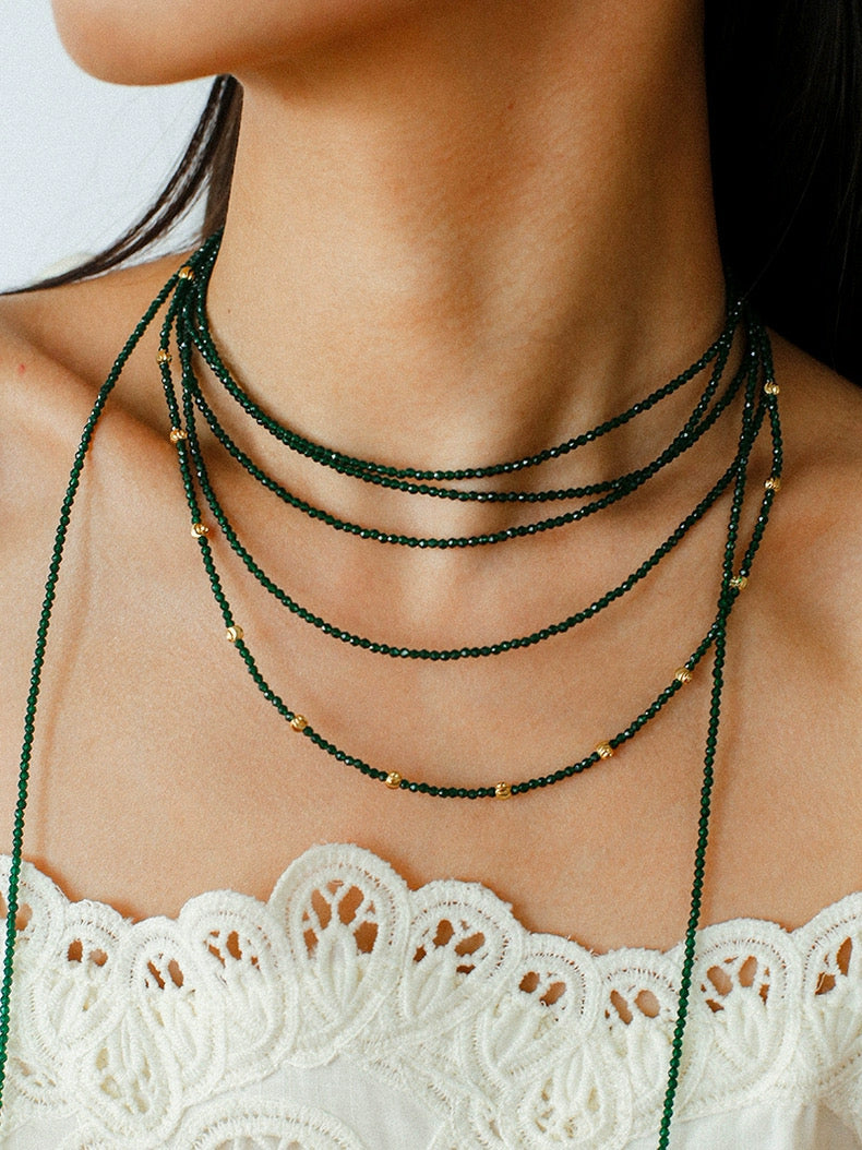 Dark Green Glass Beaded Long Necklace GEMBEA JEWELRY