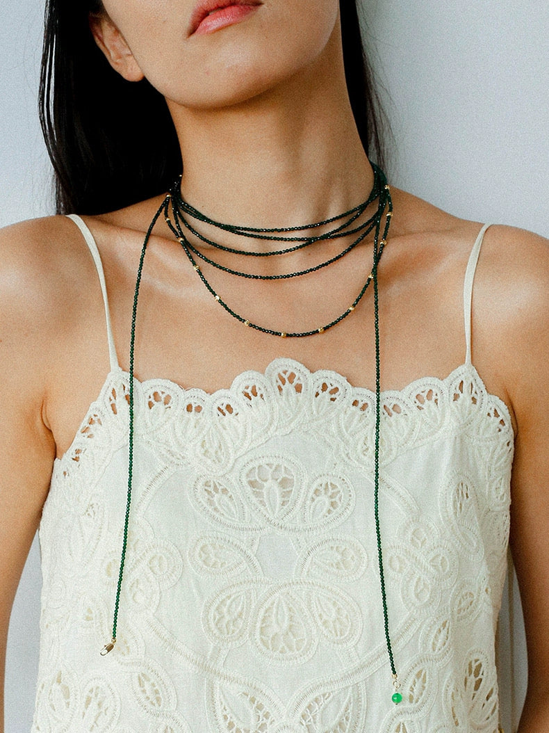 Dark Green Glass Beaded Long Necklace GEMBEA JEWELRY