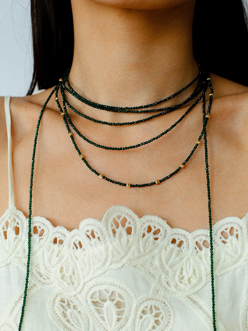 Dark Green Glass Beaded Long Necklace GEMBEA JEWELRY