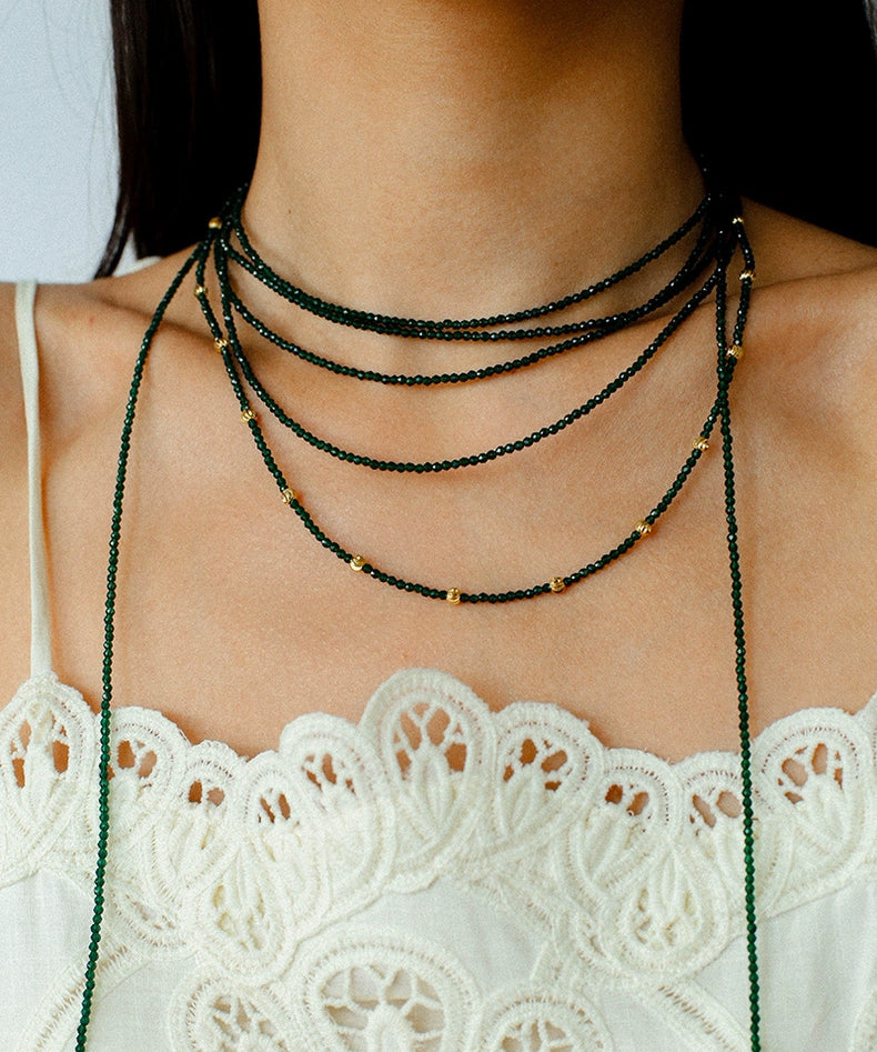 Dark Green Glass Beaded Long Necklace GEMBEA JEWELRY