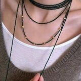 Dark Green Glass Beaded Long Necklace gembea jewelry