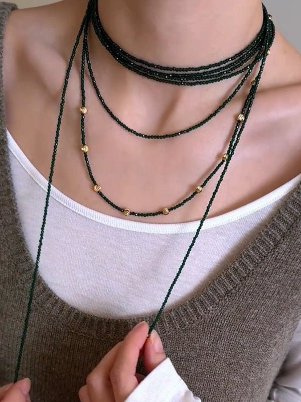 Dark Green Glass Beaded Long Necklace gembea jewelry