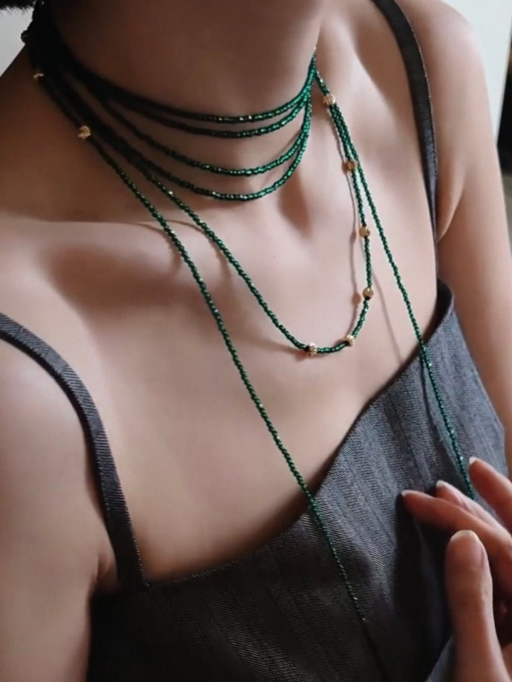 Dark Green Glass Beaded Long Necklace gembea jewelry