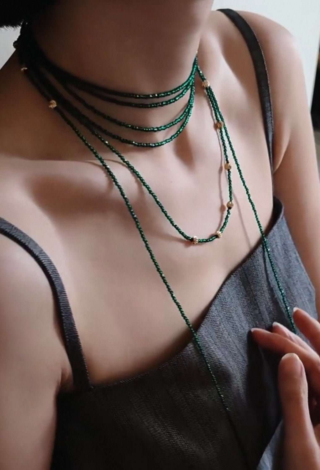 Dark Green Glass Beaded Long Necklace gembea jewelry