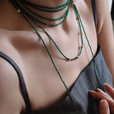 Dark Green Glass Beaded Long Necklace gembea jewelry
