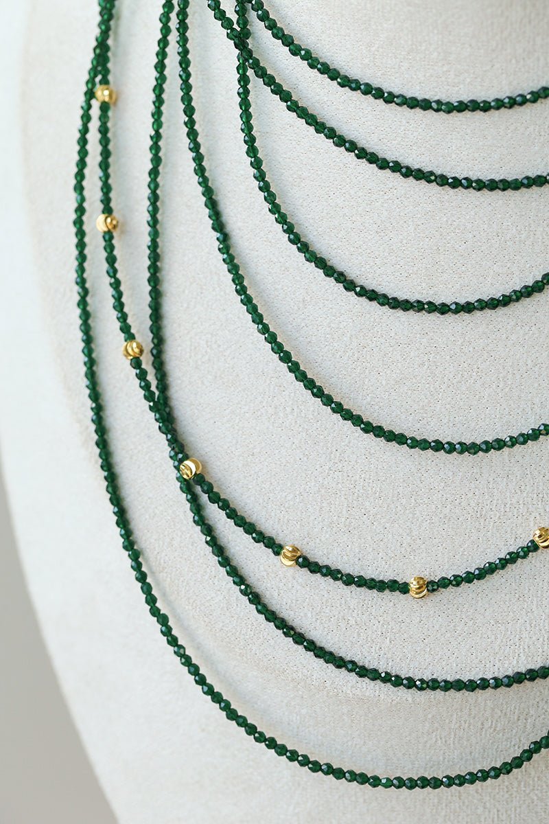 Dark Green Glass Beaded Long Necklace gembea jewelry