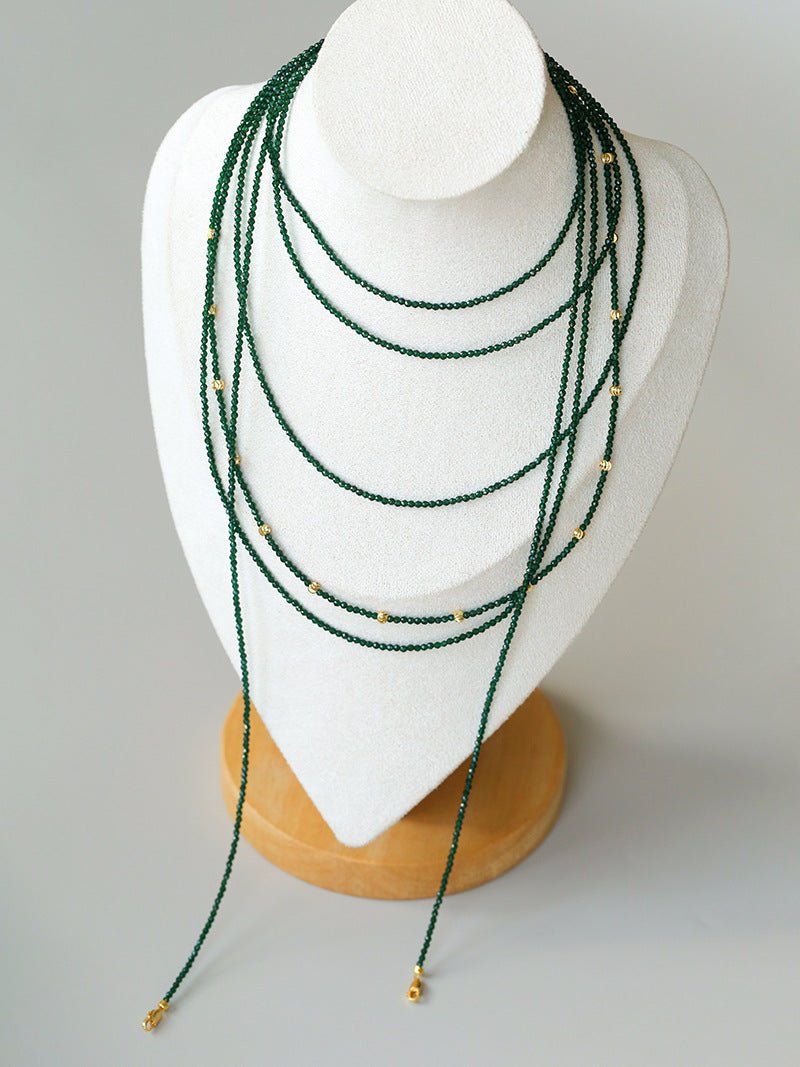Dark Green Glass Beaded Long Necklace gembea jewelry