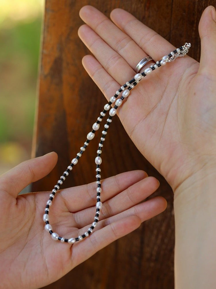 Dark Tide Black Agate White Pearl Necklace gembea jewelry