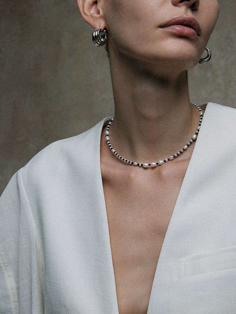 Dark Tide Black Agate White Pearl Necklace gembea jewelry