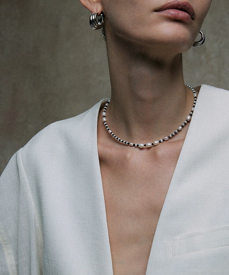 Dark Tide Black Agate White Pearl Necklace gembea jewelry